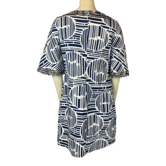 Trina Turk Womens Lek Bamboo Forest Shift Dress White Blue Geometric Sequin M/L - Picture 2 of 12